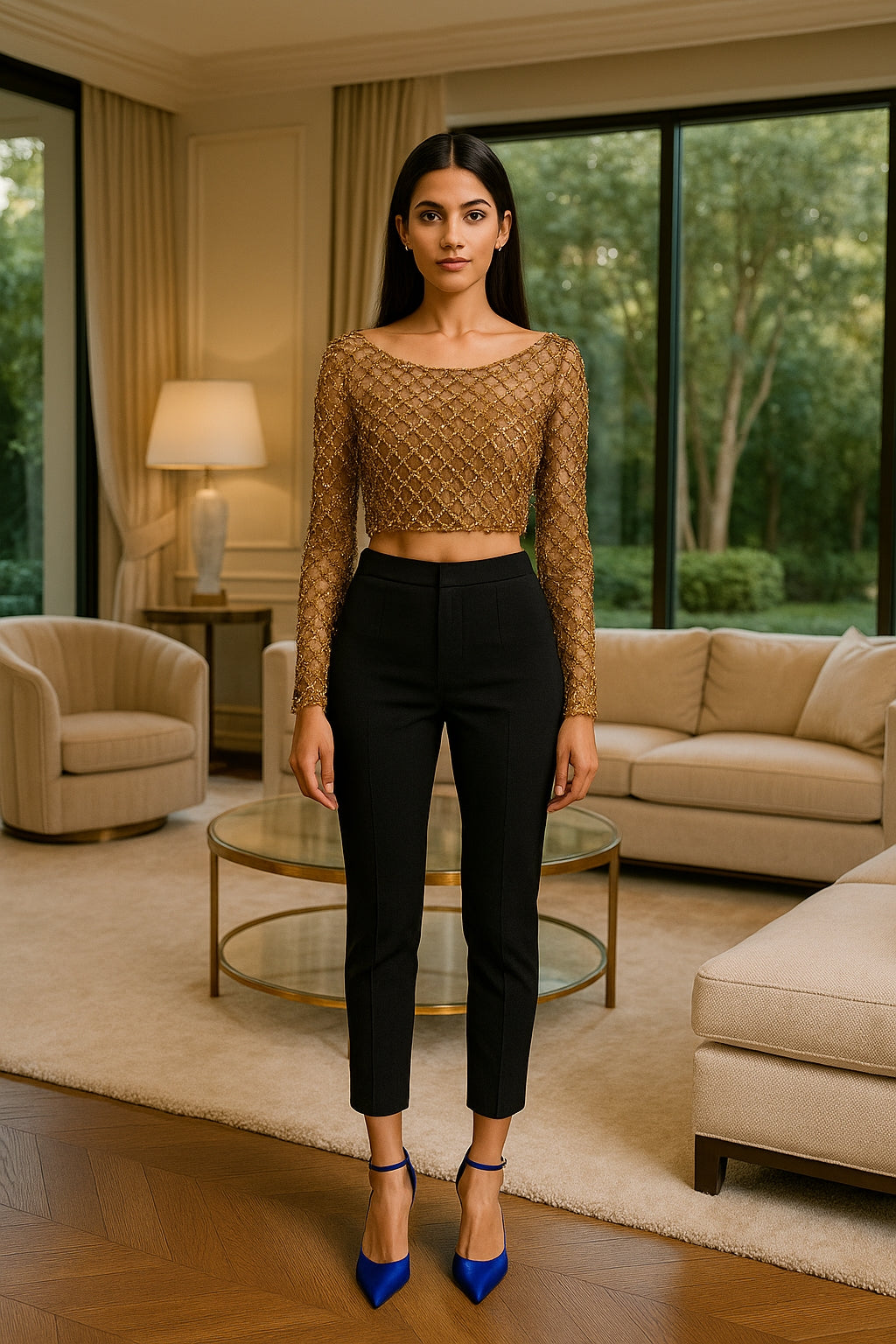 Women Plaids Sequined Embroidery Mesh Spliced T-shirt Slim High Waist Pearls Beaded Gauze Tees O-Neck Long Sleeved Crop Tops