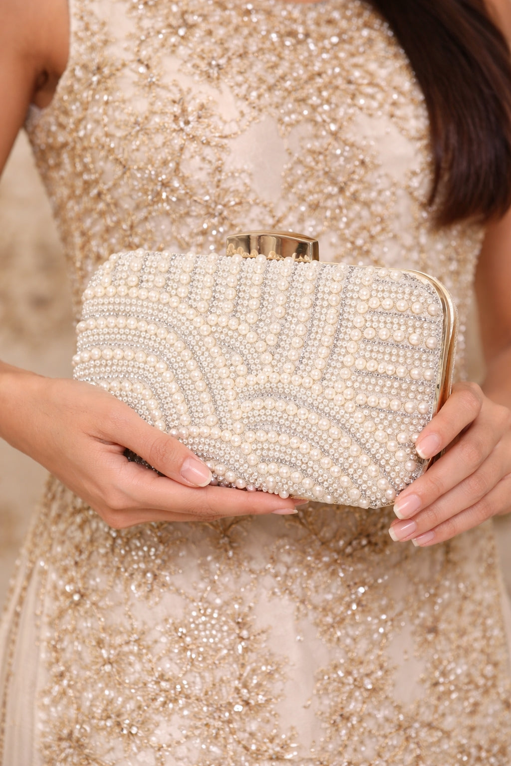 Ladies Pearl Elegant Evening Bag Fashionable Stylish Beading Wedding Dinner Party Banquet  Dress Clutch Bag with Long Chain