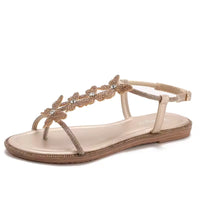 Single-strap rhinestone bow flat sandals, new summer fashion, simple and stylish, suitable for outdoor wear, Roman beach shoes