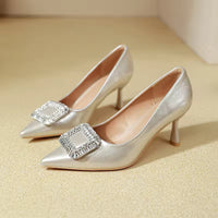 Elegant Retro Pointed Toe High Heels Thin Heel Women's Shoes Comfortable Diamond Embellished Low Cut Fashionable Footwear