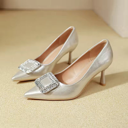 Elegant Retro Pointed Toe High Heels Thin Heel Women's Shoes Comfortable Diamond Embellished Low Cut Fashionable Footwear