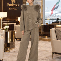 Casual Knitted Half-High Collar Sweater And Pants Set Real Fox Shoulder Patches  Style Comfortable Lazy Style Natalia Home Fashion    Natalia Home Fashion