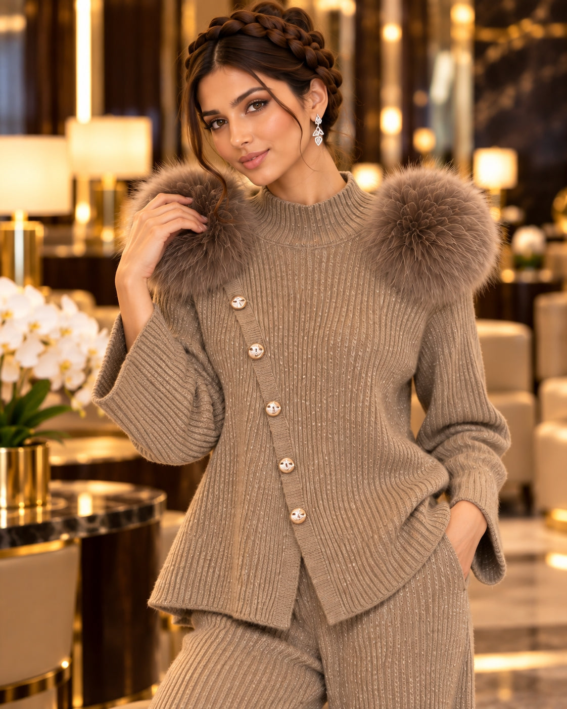 Casual Knitted Half-High Collar Sweater And Pants Set Real Fox Shoulder Patches  Style Comfortable Lazy Style Natalia Home Fashion    Natalia Home Fashion