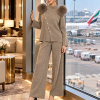 Casual Knitted Half-High Collar Sweater And Pants Set Real Fox Shoulder Patches  Style Comfortable Lazy Style Natalia Home Fashion    Natalia Home Fashion