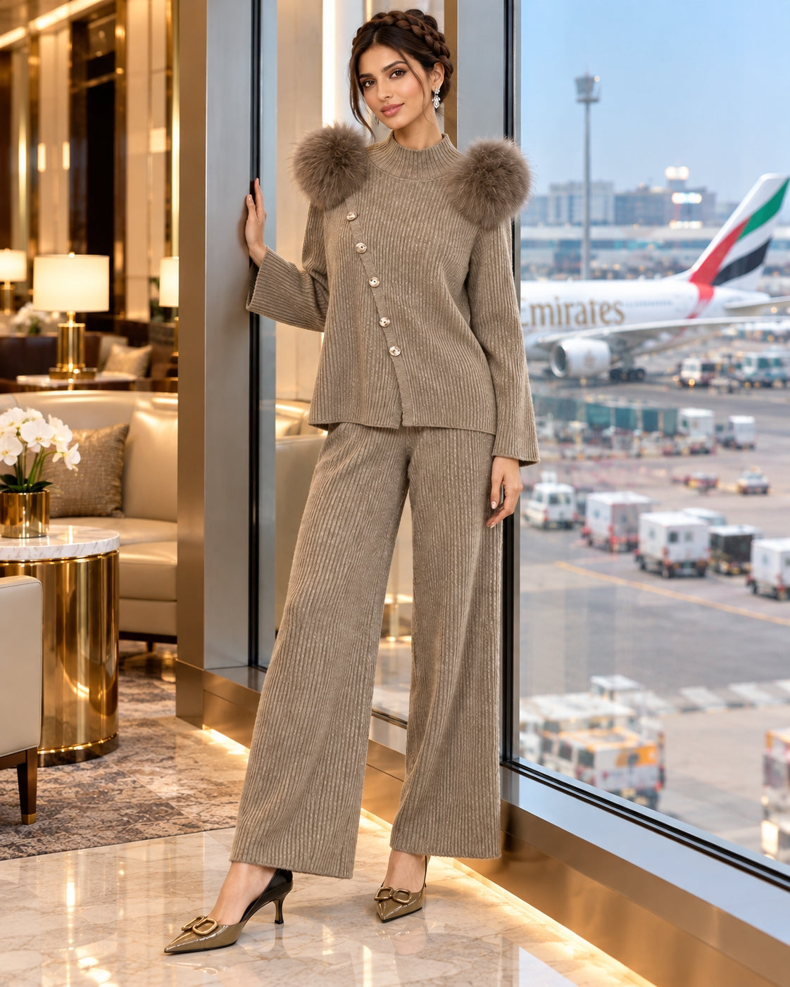 Casual Knitted Half-High Collar Sweater And Pants Set Real Fox Shoulder Patches  Style Comfortable Lazy Style Natalia Home Fashion    Natalia Home Fashion