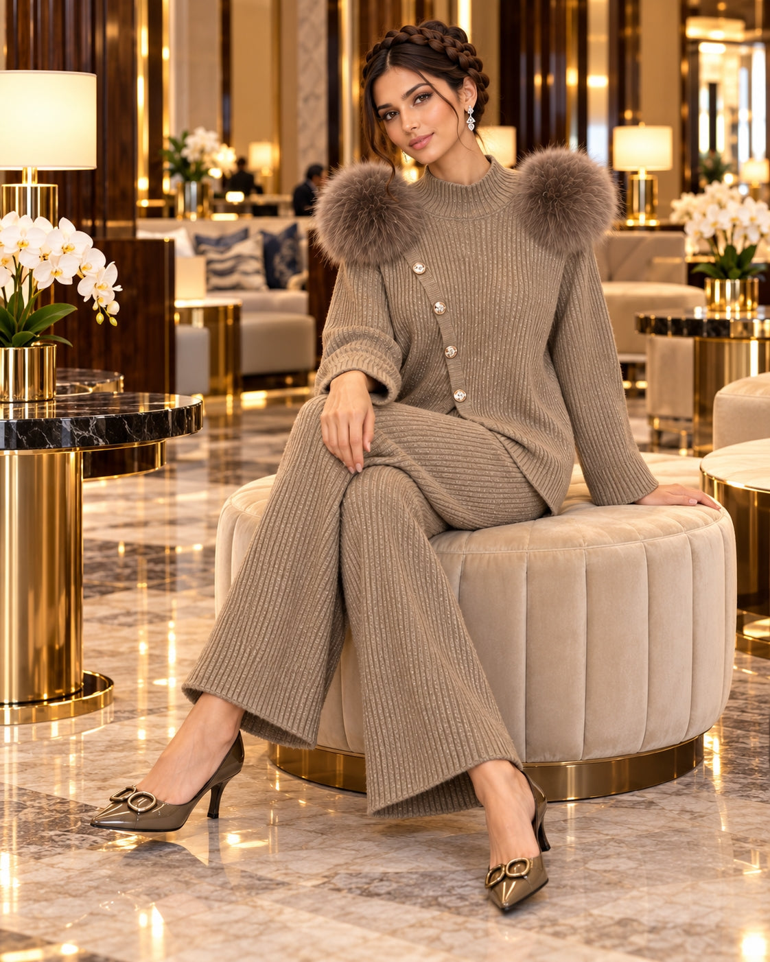 Casual Knitted Half-High Collar Sweater And Pants Set Real Fox Shoulder Patches  Style Comfortable Lazy Style Natalia Home Fashion    Natalia Home Fashion