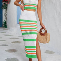 Elegant Knitted Sleeveless Vest And High Slit Stripe Midi Skirt Sexy Women's Fashion Casual Set Natalia Home Fashion    Natalia Home Fashion