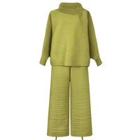 Pleated High Collar Lantern Sleeve Tops Wide Leg Pants Women Spring Causal Two Piece Sets Natalia Home Fashion    Natalia Home Fashion
