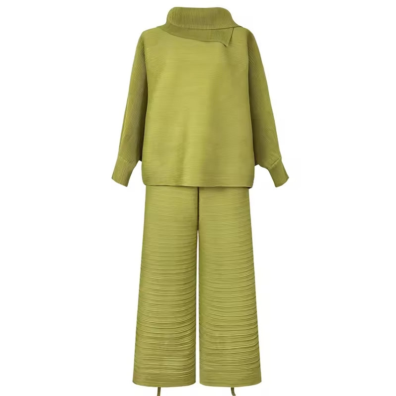 Pleated High Collar Lantern Sleeve Tops Wide Leg Pants Women Spring Causal Two Piece Sets Natalia Home Fashion    Natalia Home Fashion