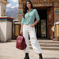 Women's Long Sleeve Striped Button-Up Shirt with Classic Lapel Collar and Curved Hem - Casual Office Wear Tops