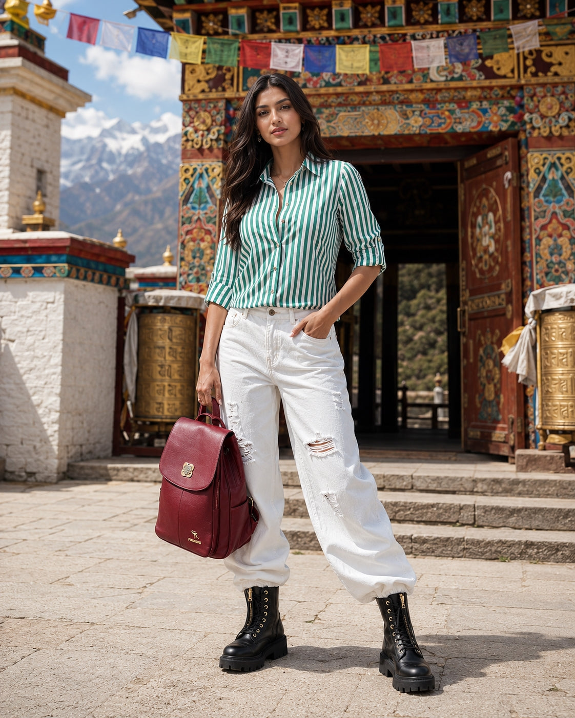 Women's Long Sleeve Striped Button-Up Shirt with Classic Lapel Collar and Curved Hem - Casual Office Wear Tops