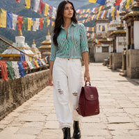 Women's Long Sleeve Striped Button-Up Shirt with Classic Lapel Collar and Curved Hem - Casual Office Wear Tops