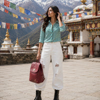 Women's Long Sleeve Striped Button-Up Shirt with Classic Lapel Collar and Curved Hem - Casual Office Wear Tops