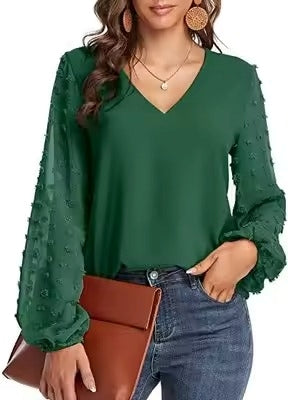 Women Blouses Shirts Lady Casual V-Neck Long Lantern Sleeve Solid Color Blouse Tops Natalia Home Fashion    Natalia Home Fashion
