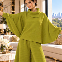 Pleated High Collar Lantern Sleeve Tops Wide Leg Pants Women Spring Causal Two Piece Sets Natalia Home Fashion    Natalia Home Fashion