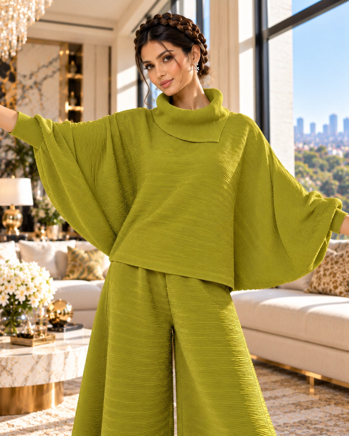 Pleated High Collar Lantern Sleeve Tops Wide Leg Pants Women Spring Causal Two Piece Sets Natalia Home Fashion    Natalia Home Fashion