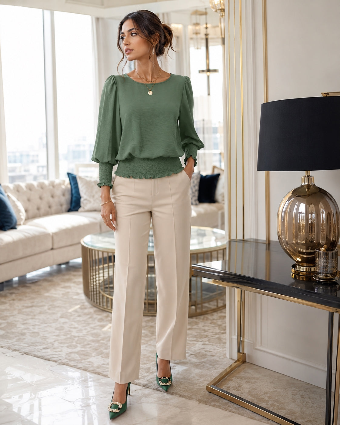 Women's Loose T-shirt Spring and Autumn New Solid Color Long-sleeved Lotus Leaf Sleeve Crew Neck Top Natalia Home Fashion    Natalia Home Fashion