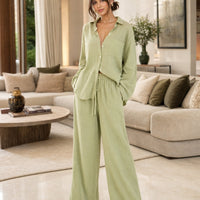 Cotton and Linen Shirt Suit High Waist Loose Trousers Elegant Women Sets Two Piece Set for Women Natalia Home Fashion    Natalia Home Fashion