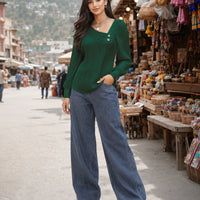 Simple Button V-neck Pullover Women's Solid Long Sleeve Casual T-shirts Elegant Lady Blouses