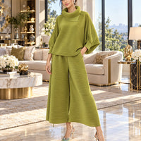 Pleated High Collar Lantern Sleeve Tops Wide Leg Pants Women Spring Causal Two Piece Sets Natalia Home Fashion    Natalia Home Fashion