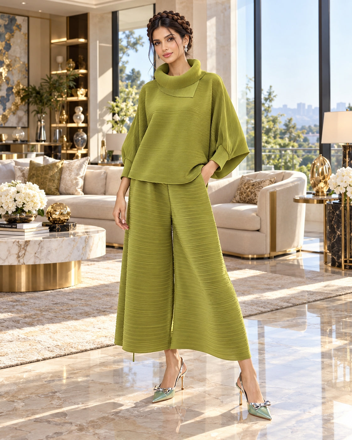 Pleated High Collar Lantern Sleeve Tops Wide Leg Pants Women Spring Causal Two Piece Sets Natalia Home Fashion    Natalia Home Fashion
