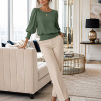 Women's Loose T-shirt Spring and Autumn New Solid Color Long-sleeved Lotus Leaf Sleeve Crew Neck Top Natalia Home Fashion    Natalia Home Fashion