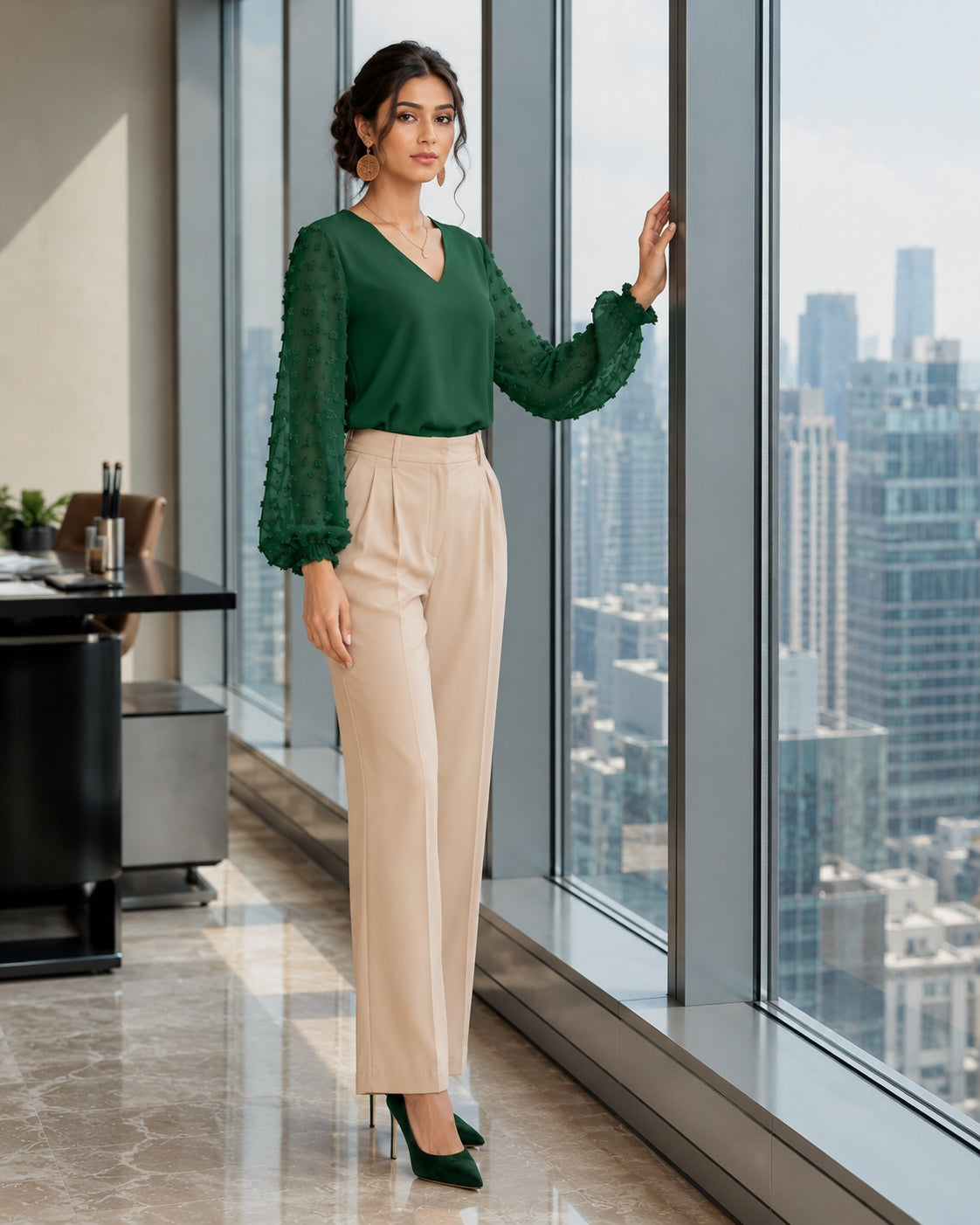 Women Blouses Shirts Lady Casual V-Neck Long Lantern Sleeve Solid Color Blouse Tops Natalia Home Fashion    Natalia Home Fashion