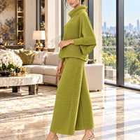 Pleated High Collar Lantern Sleeve Tops Wide Leg Pants Women Spring Causal Two Piece Sets Natalia Home Fashion    Natalia Home Fashion