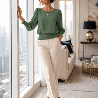 Women's Loose T-shirt Spring and Autumn New Solid Color Long-sleeved Lotus Leaf Sleeve Crew Neck Top Natalia Home Fashion    Natalia Home Fashion