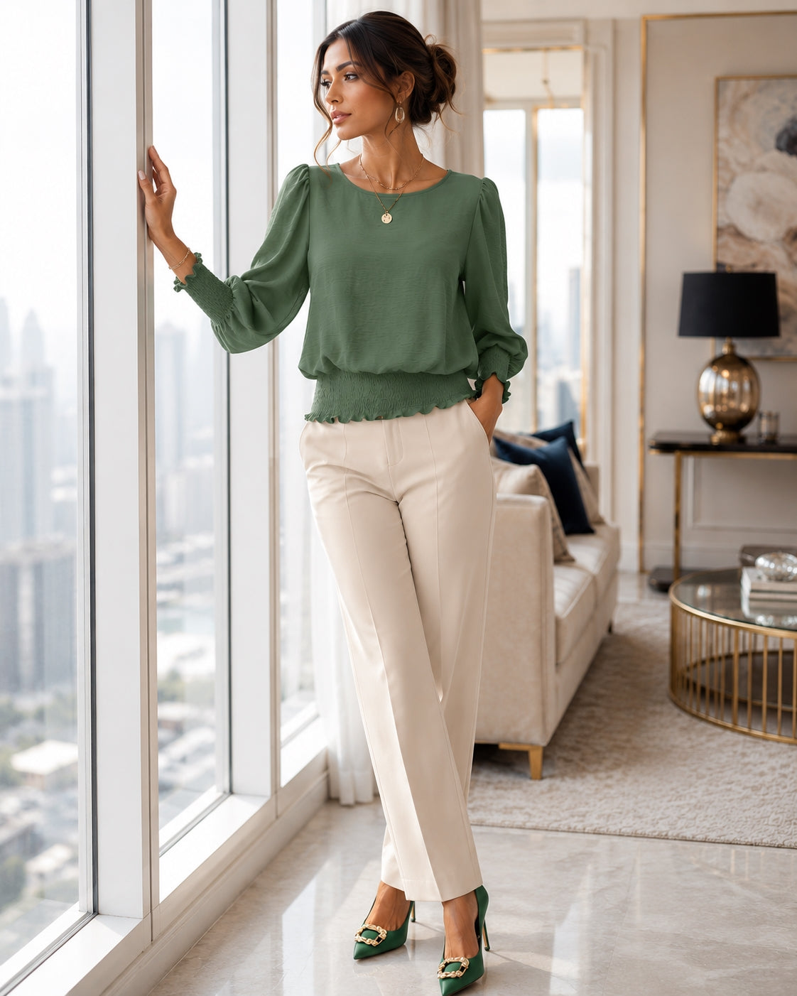 Women's Loose T-shirt Spring and Autumn New Solid Color Long-sleeved Lotus Leaf Sleeve Crew Neck Top Natalia Home Fashion    Natalia Home Fashion