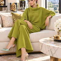 Pleated High Collar Lantern Sleeve Tops Wide Leg Pants Women Spring Causal Two Piece Sets Natalia Home Fashion    Natalia Home Fashion