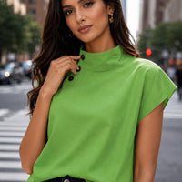 Women Cotton Linen Stand Collar Blouses Cap Sleeves Solid Color Loose Fit Casual Fashion Female Shirts Tops