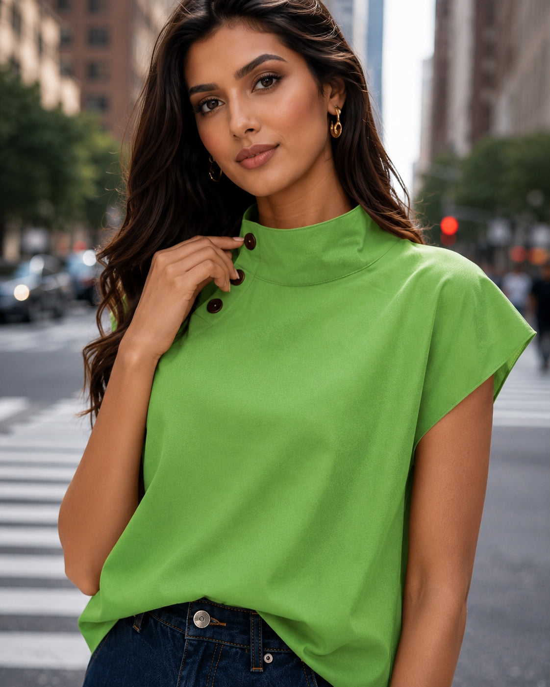 Women Cotton Linen Stand Collar Blouses Cap Sleeves Solid Color Loose Fit Casual Fashion Female Shirts Tops