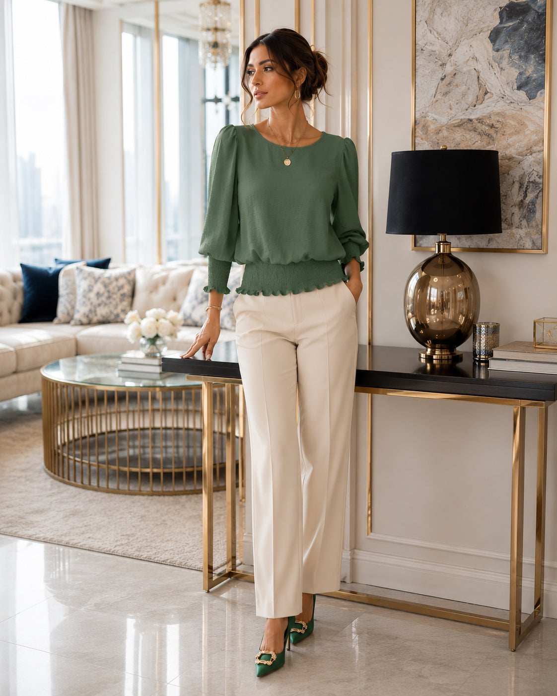 Women's Loose T-shirt Spring and Autumn New Solid Color Long-sleeved Lotus Leaf Sleeve Crew Neck Top Natalia Home Fashion    Natalia Home Fashion