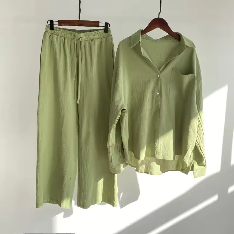 Cotton and Linen Shirt Suit High Waist Loose Trousers Elegant Women Sets Two Piece Set for Women Natalia Home Fashion    Natalia Home Fashion