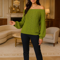 Casual Fashion Solid Color Hollow Out Sweater Off Shoulder Lantern Sleeve Knitted Pullover Women Clothes