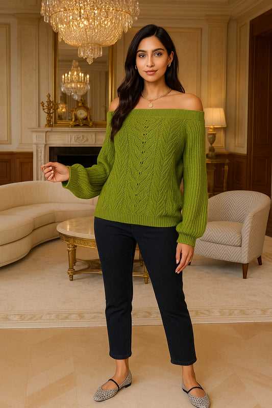 Casual Fashion Solid Color Hollow Out Sweater Off Shoulder Lantern Sleeve Knitted Pullover Women Clothes