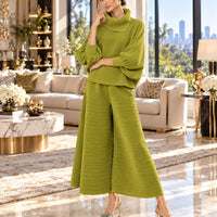 Pleated High Collar Lantern Sleeve Tops Wide Leg Pants Women Spring Causal Two Piece Sets Natalia Home Fashion    Natalia Home Fashion