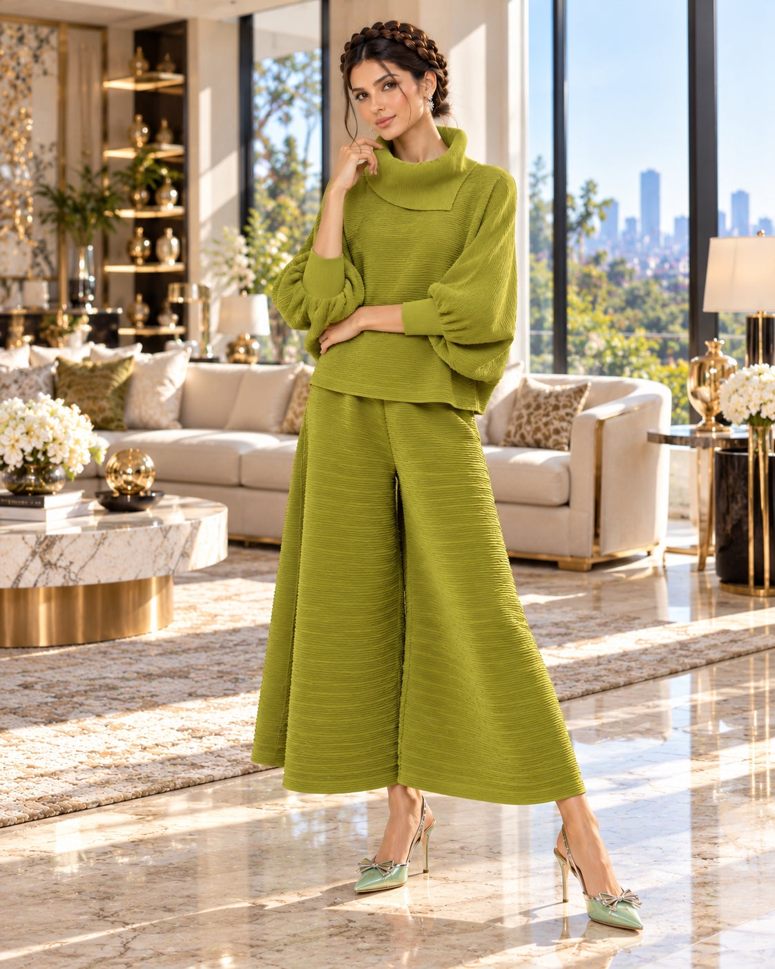 Pleated High Collar Lantern Sleeve Tops Wide Leg Pants Women Spring Causal Two Piece Sets Natalia Home Fashion    Natalia Home Fashion