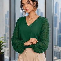 Women Blouses Shirts Lady Casual V-Neck Long Lantern Sleeve Solid Color Blouse Tops Natalia Home Fashion    Natalia Home Fashion