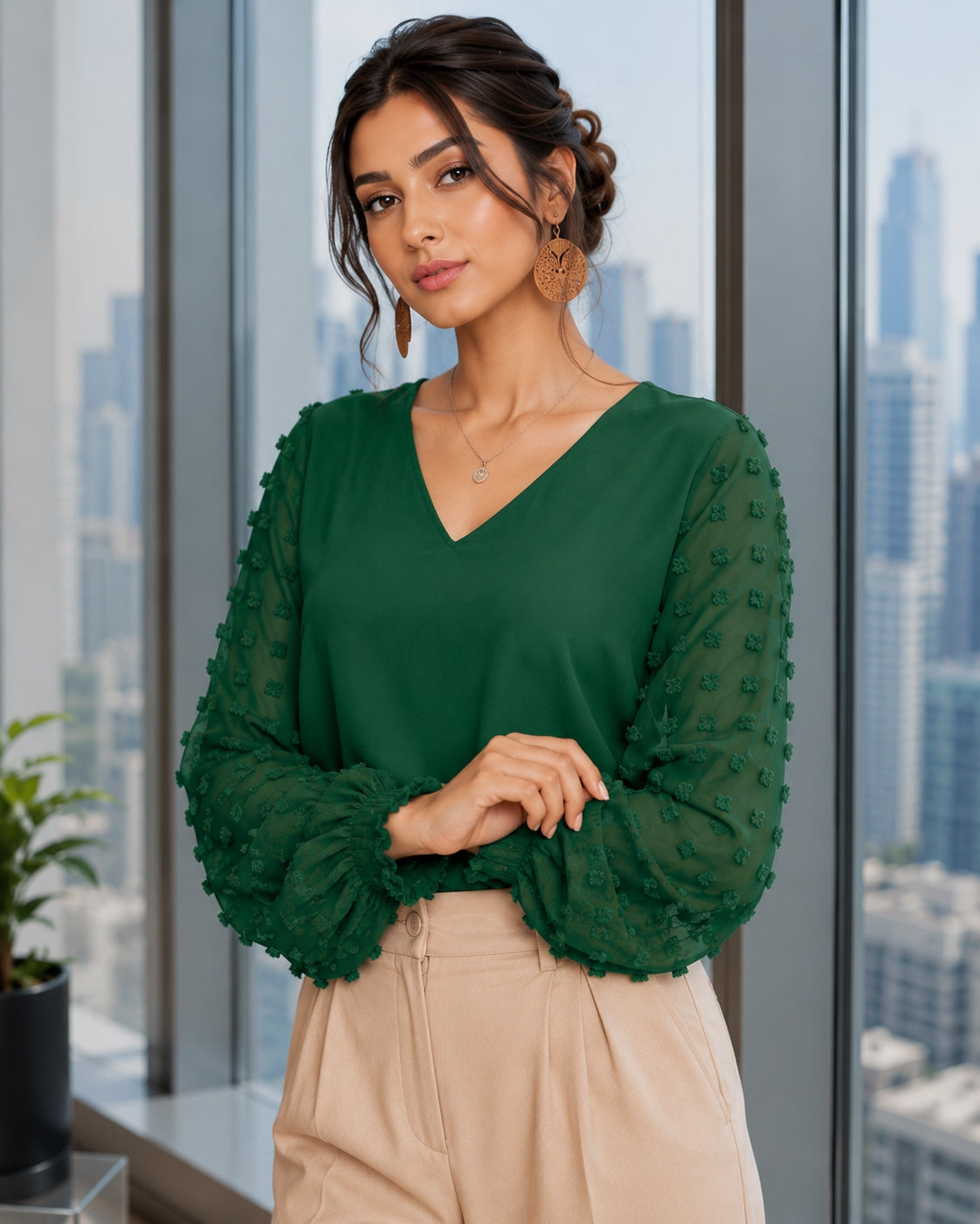 Women Blouses Shirts Lady Casual V-Neck Long Lantern Sleeve Solid Color Blouse Tops Natalia Home Fashion    Natalia Home Fashion