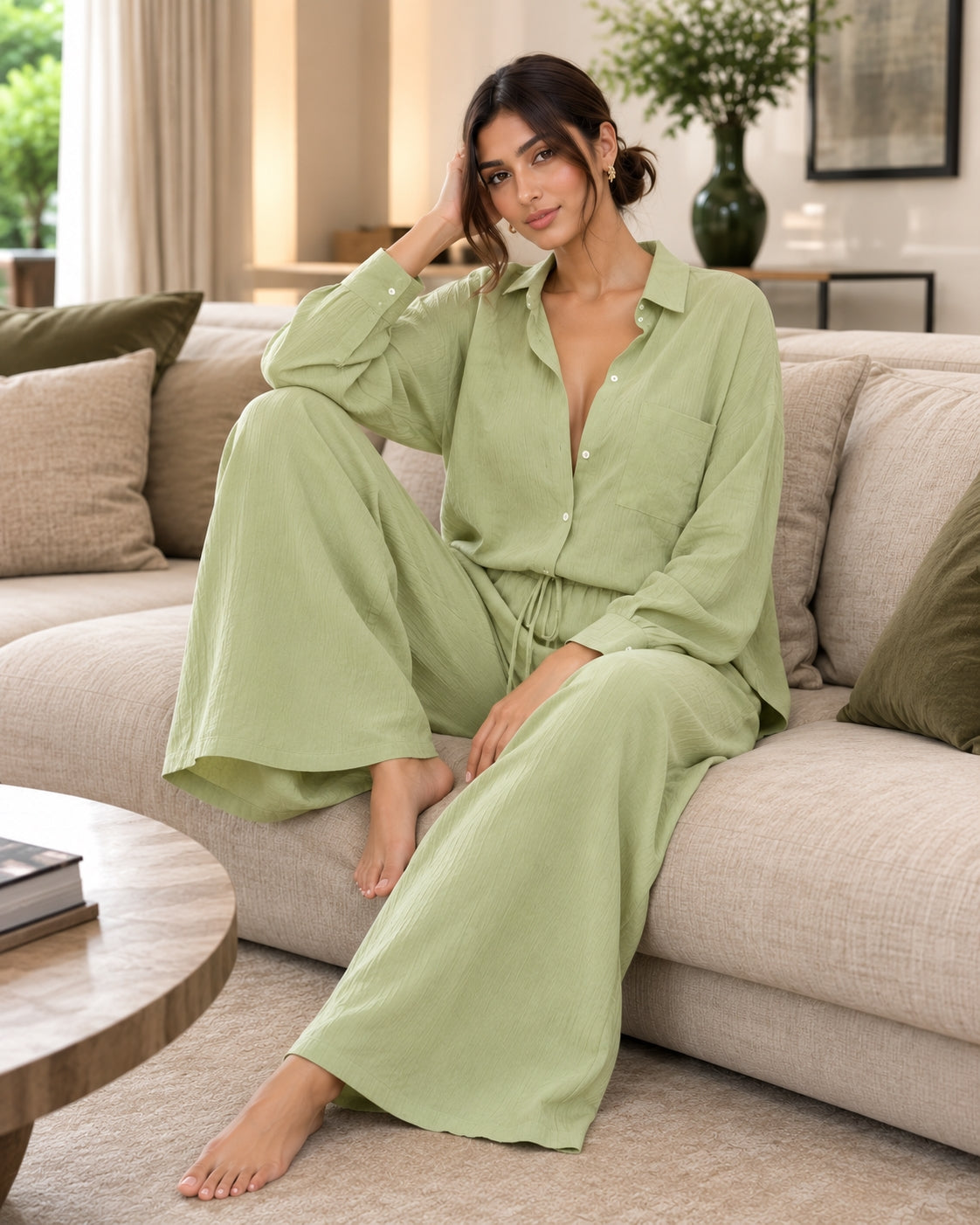 Cotton and Linen Shirt Suit High Waist Loose Trousers Elegant Women Sets Two Piece Set for Women Natalia Home Fashion    Natalia Home Fashion