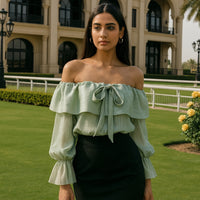 Blouses Design Sense Niche Chic Off Shoulder Shirt Women's French Gentle Style Loose Versatile Western-style Flowing Mesh Top