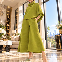 Pleated High Collar Lantern Sleeve Tops Wide Leg Pants Women Spring Causal Two Piece Sets Natalia Home Fashion    Natalia Home Fashion