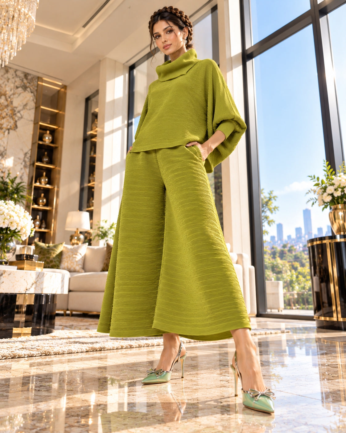 Pleated High Collar Lantern Sleeve Tops Wide Leg Pants Women Spring Causal Two Piece Sets Natalia Home Fashion    Natalia Home Fashion
