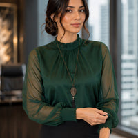 Women's Chiffon Shirt Stand Collar Base Layer Top Fashion Sexy Mesh Lace Trim Long Sleeve Blouse Natalia Home Fashion    Natalia Home Fashion
