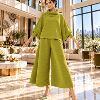 Pleated High Collar Lantern Sleeve Tops Wide Leg Pants Women Spring Causal Two Piece Sets Natalia Home Fashion    Natalia Home Fashion