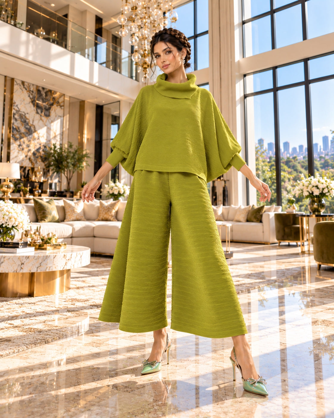Pleated High Collar Lantern Sleeve Tops Wide Leg Pants Women Spring Causal Two Piece Sets Natalia Home Fashion    Natalia Home Fashion