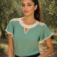 Hollow Out Sexy Lace Blouse Elegant Butterfly Sleeve Solid Blouse Shirt Office Lady O Neck Ruffles Patchwork  Tops Natalia Home Fashion    Natalia Home Fashion