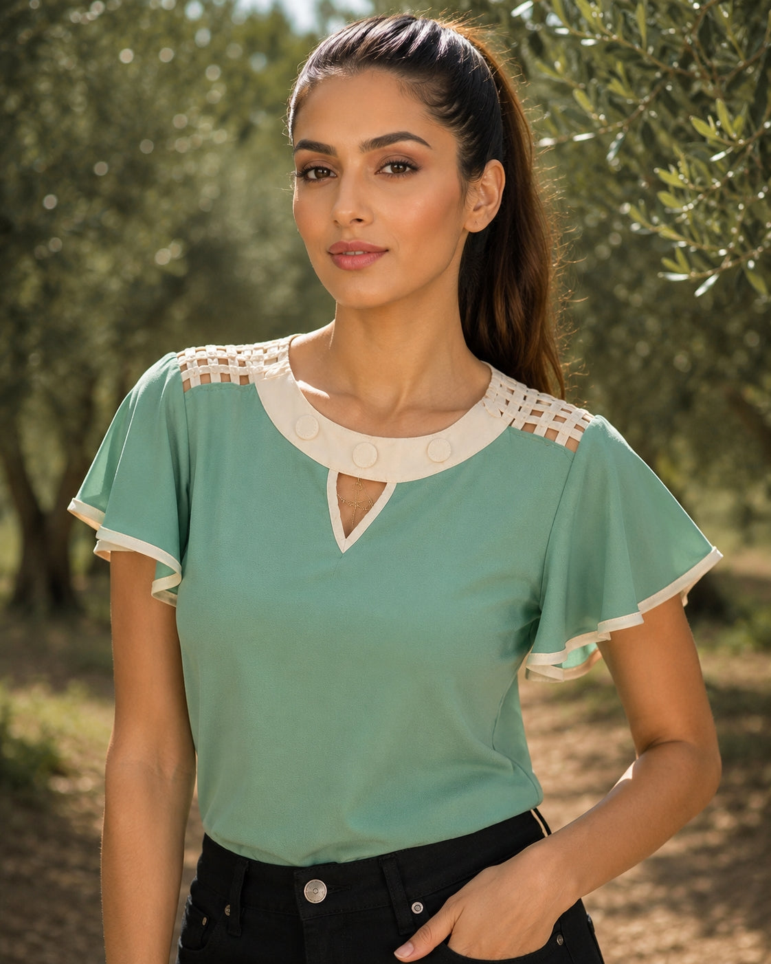 Hollow Out Sexy Lace Blouse Elegant Butterfly Sleeve Solid Blouse Shirt Office Lady O Neck Ruffles Patchwork  Tops Natalia Home Fashion    Natalia Home Fashion